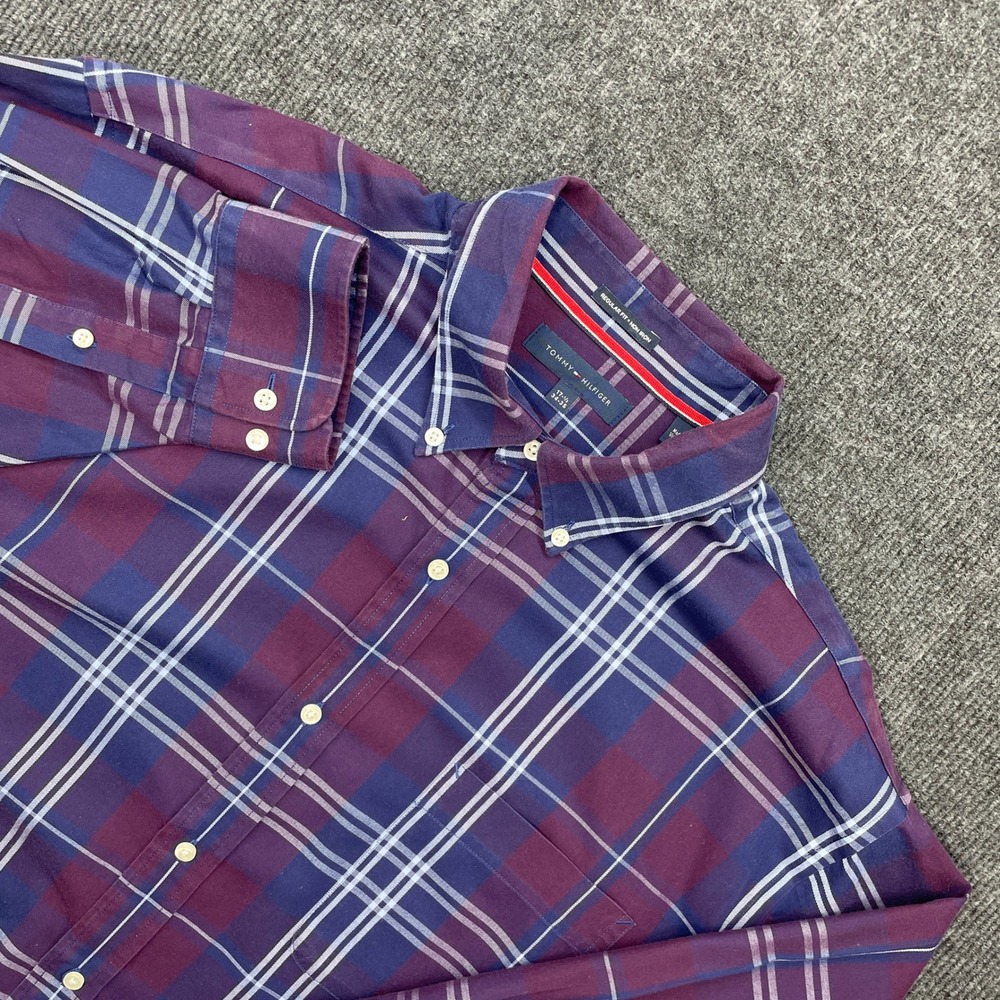 Tommy Hilfiger Plaid Button Down Shirt Purple Blue 17.5 34/35 Regular Fit Preppy